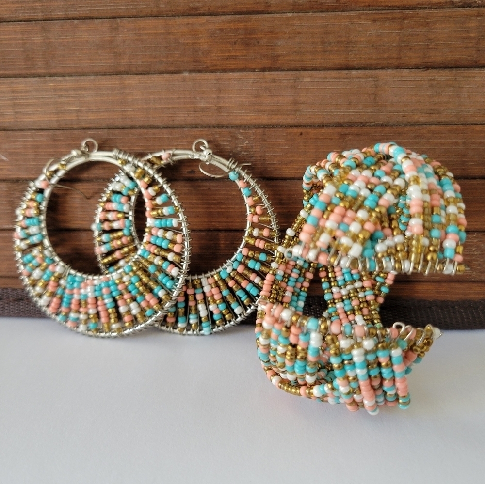 Large Blue and Pink Beaded Hoop Earrings Bracelet Cuff Set.